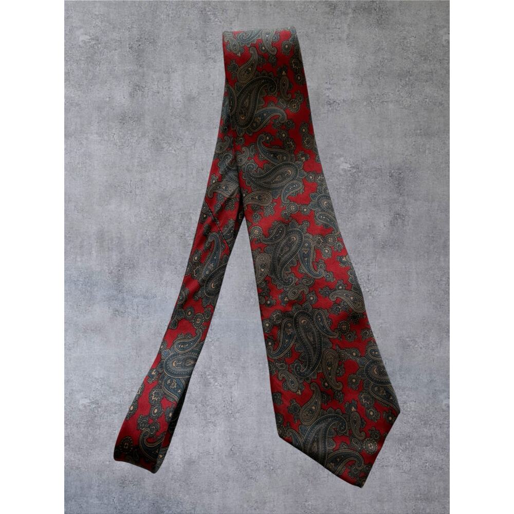 Vtg Mallory & Church Silk Tie Red Green Paisley London Trad Dark Academia 90s
